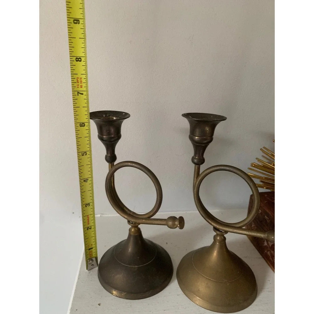 2 Vintage Brass French Horn Candlestick Holders Pair Musical Taper Candle Stands
